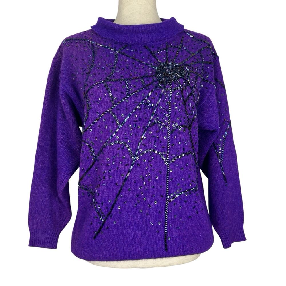 Vintage Halloween Sweater Purple Knit Beaded Embellished Sequin Spider Web